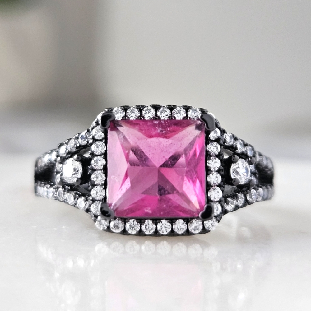 Pink Topqz Gemstone ring with Black Gold 925 Sterling Silver Charmed Aroma